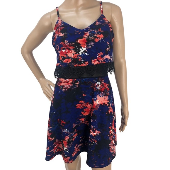 Material Girl Dresses & Skirts - Material Girl Abstract Floral Printed A-Line Mini Dress Cami Lace Cut Out‎ Dress